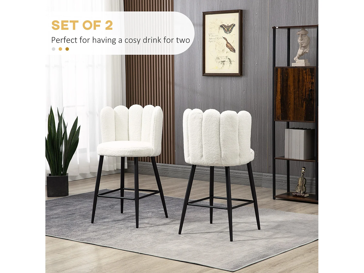 Ettine Scallop Boucle Cream Upholstered Bar Stools Set of 2 65cm Seat Height Stainless Steel Base and Footrest