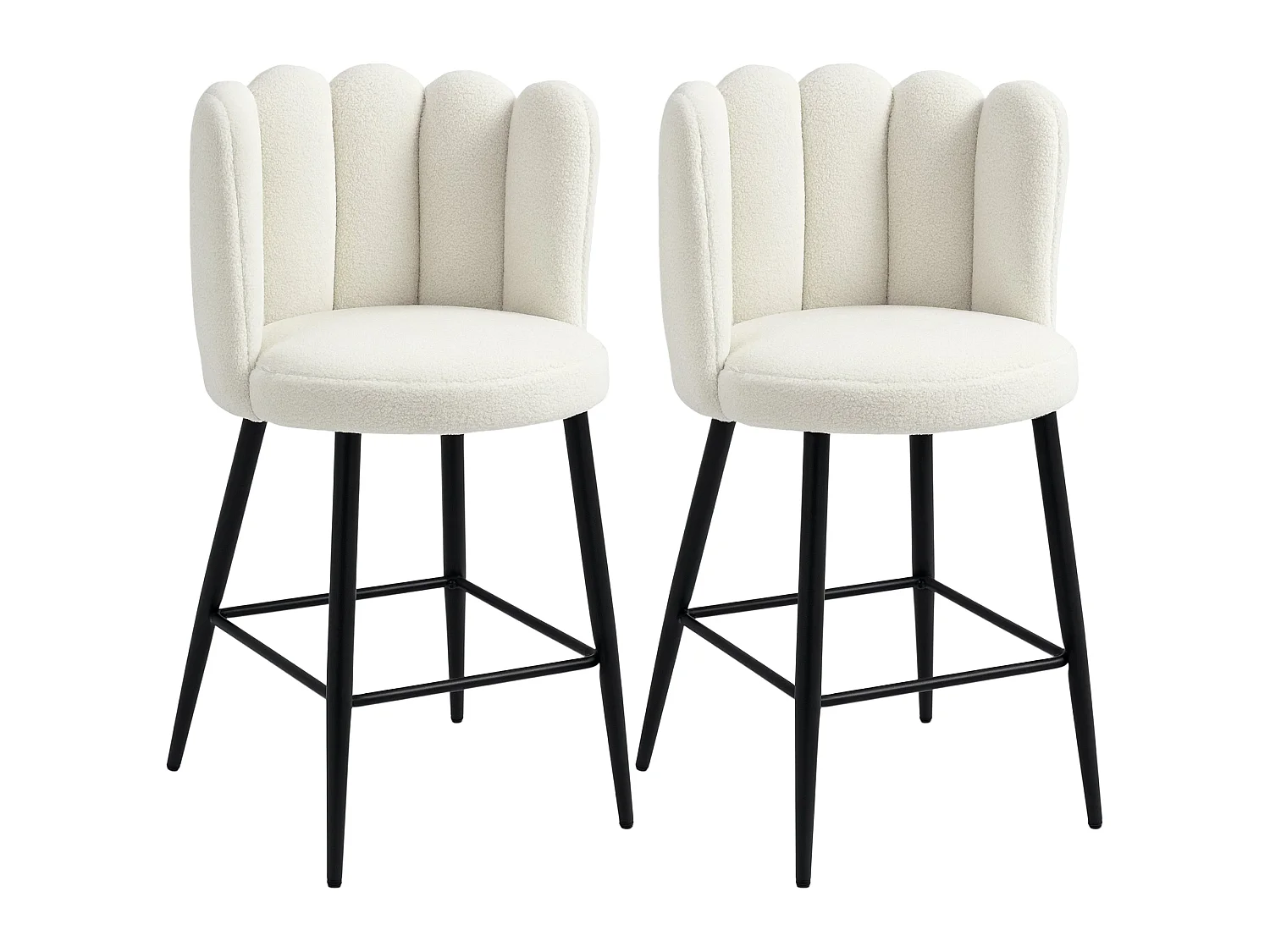 Ettine Scallop Boucle Cream Upholstered Bar Stools Set of 2 65cm Seat Height Stainless Steel Base and Footrest