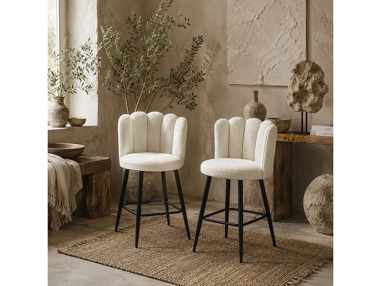 Ettine Scallop Boucle Cream Upholstered Bar Stools Set of 2 65cm Seat Height Stainless Steel Base and Footrest