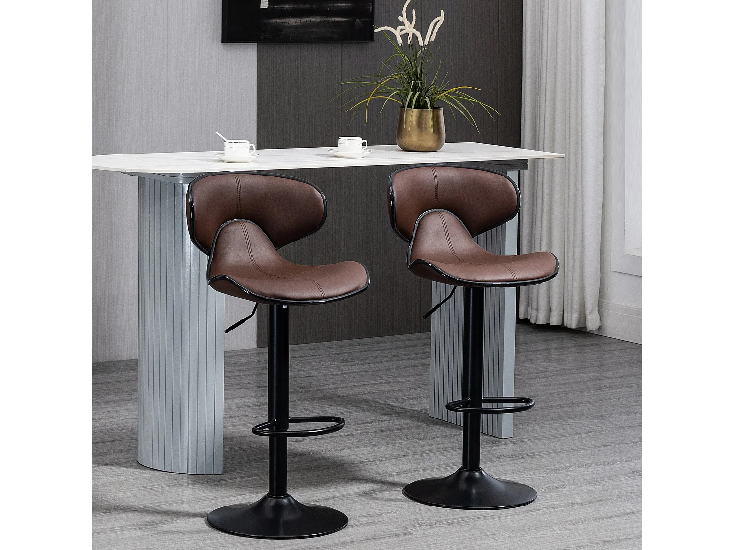 Mifaro Set of 2 Brown Adjustable Swivel Bar Stools with Steel Frame and Footrest