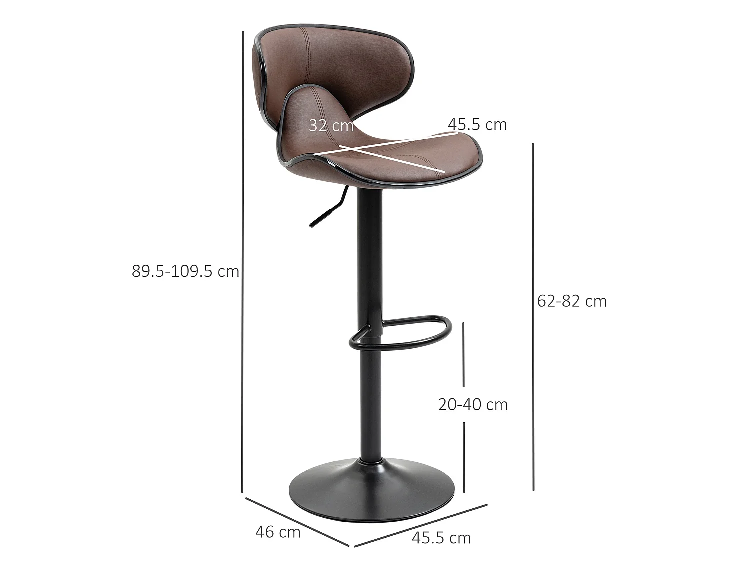 Mifaro Set of 2 Brown Adjustable Swivel Bar Stools with Steel Frame and Footrest