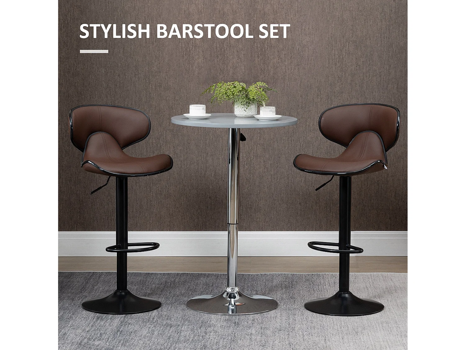 Mifaro Set of 2 Brown Adjustable Swivel Bar Stools with Steel Frame and Footrest