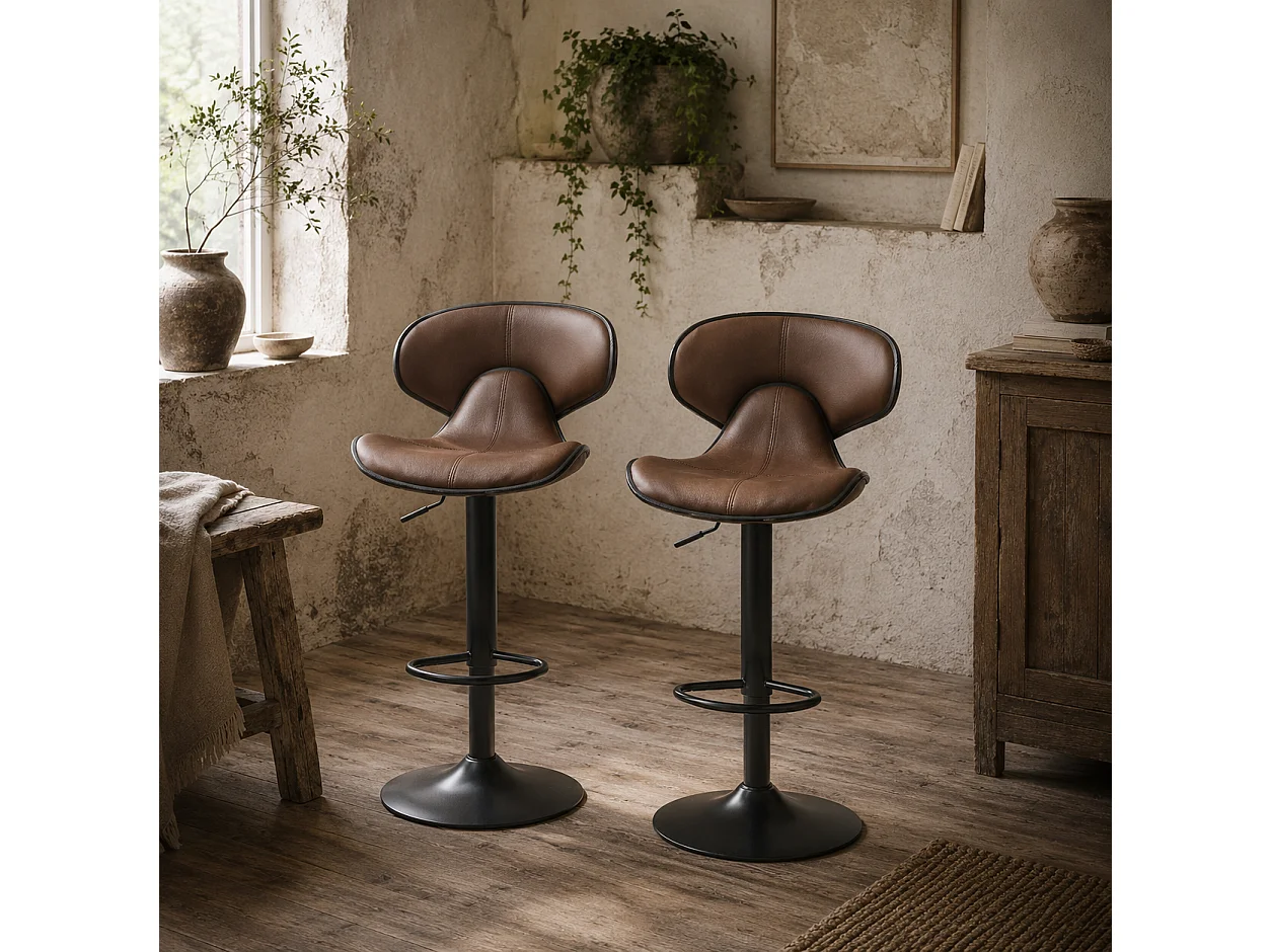 Mifaro Set of 2 Brown Adjustable Swivel Bar Stools with Steel Frame and Footrest