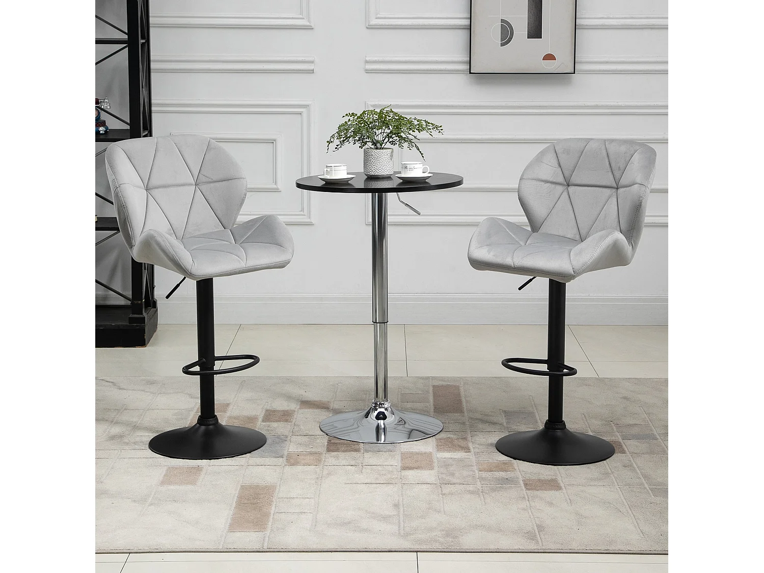 Cotodo Set of 2 Light Grey Upholstered Adjustable Swivel Bar Stools with Backrest