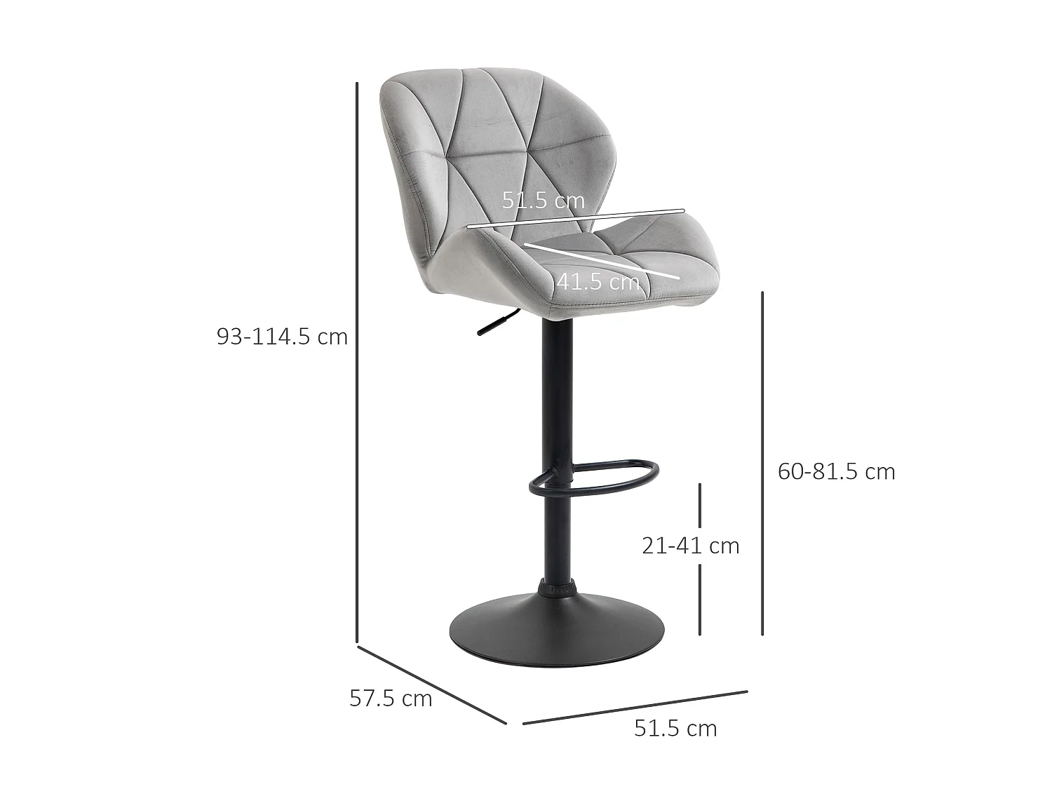 Cotodo Set of 2 Light Grey Upholstered Adjustable Swivel Bar Stools with Backrest