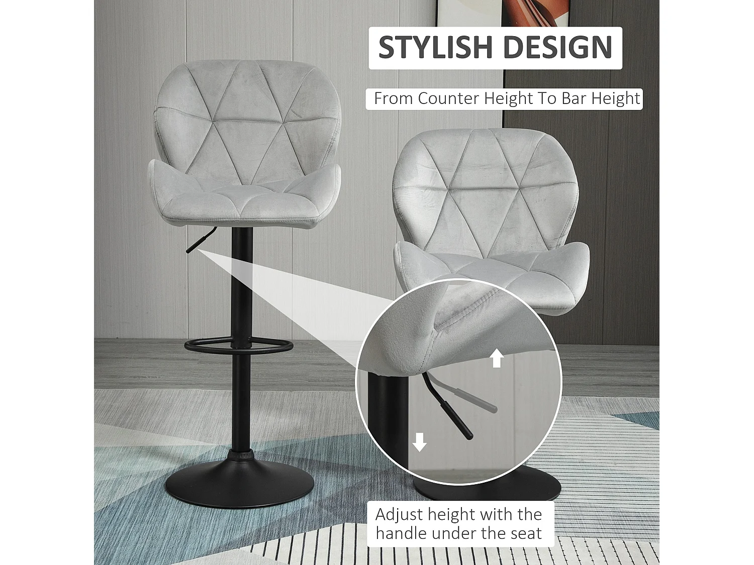 Cotodo Set of 2 Light Grey Upholstered Adjustable Swivel Bar Stools with Backrest