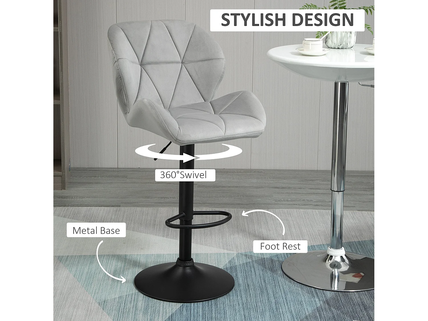 Cotodo Set of 2 Light Grey Upholstered Adjustable Swivel Bar Stools with Backrest