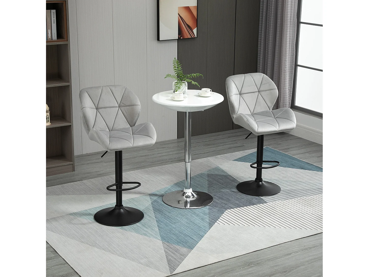 Cotodo Set of 2 Light Grey Upholstered Adjustable Swivel Bar Stools with Backrest