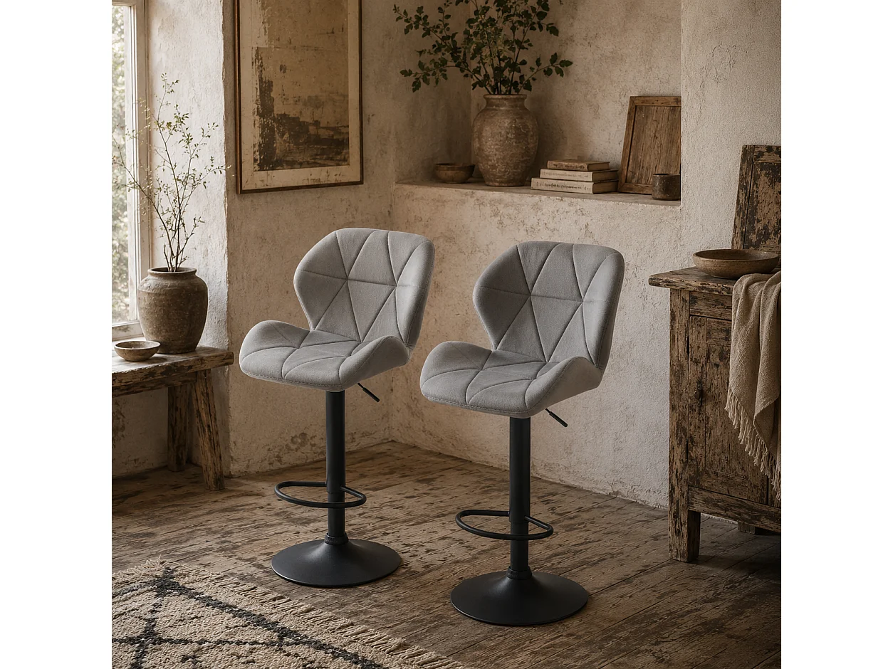 Cotodo Set of 2 Light Grey Upholstered Adjustable Swivel Bar Stools with Backrest