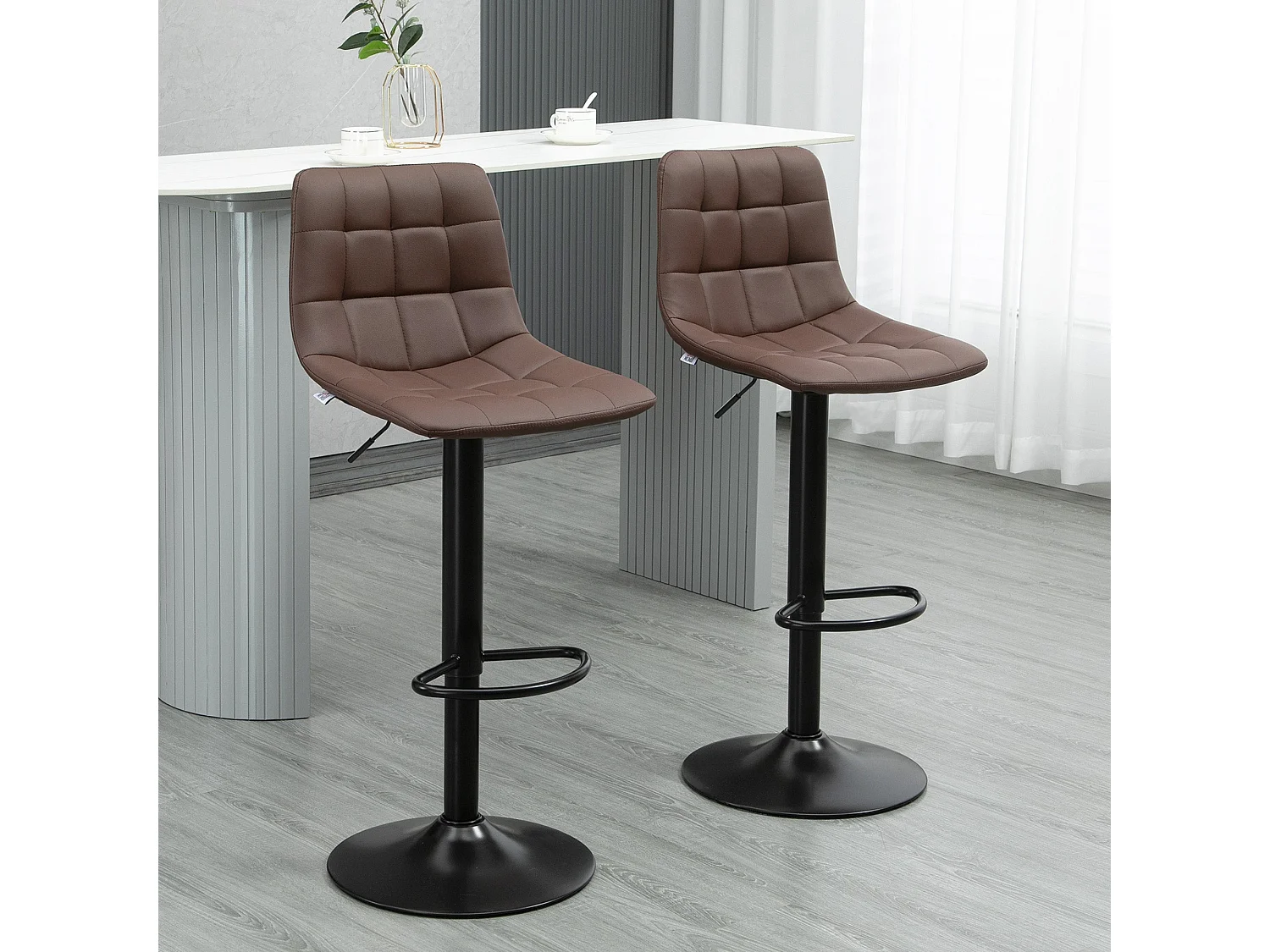 Ninora Set of 2 Brown Quilted Faux Leather Swivel Bar Stools with Back Support
