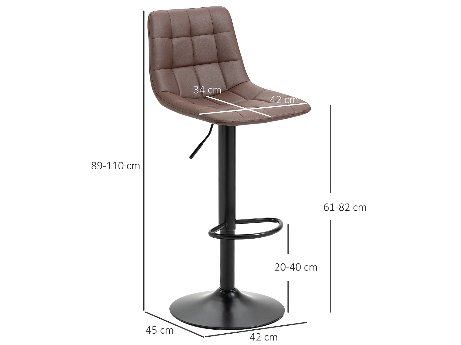 Ninora Set of 2 Brown Quilted Faux Leather Swivel Bar Stools with Back Support