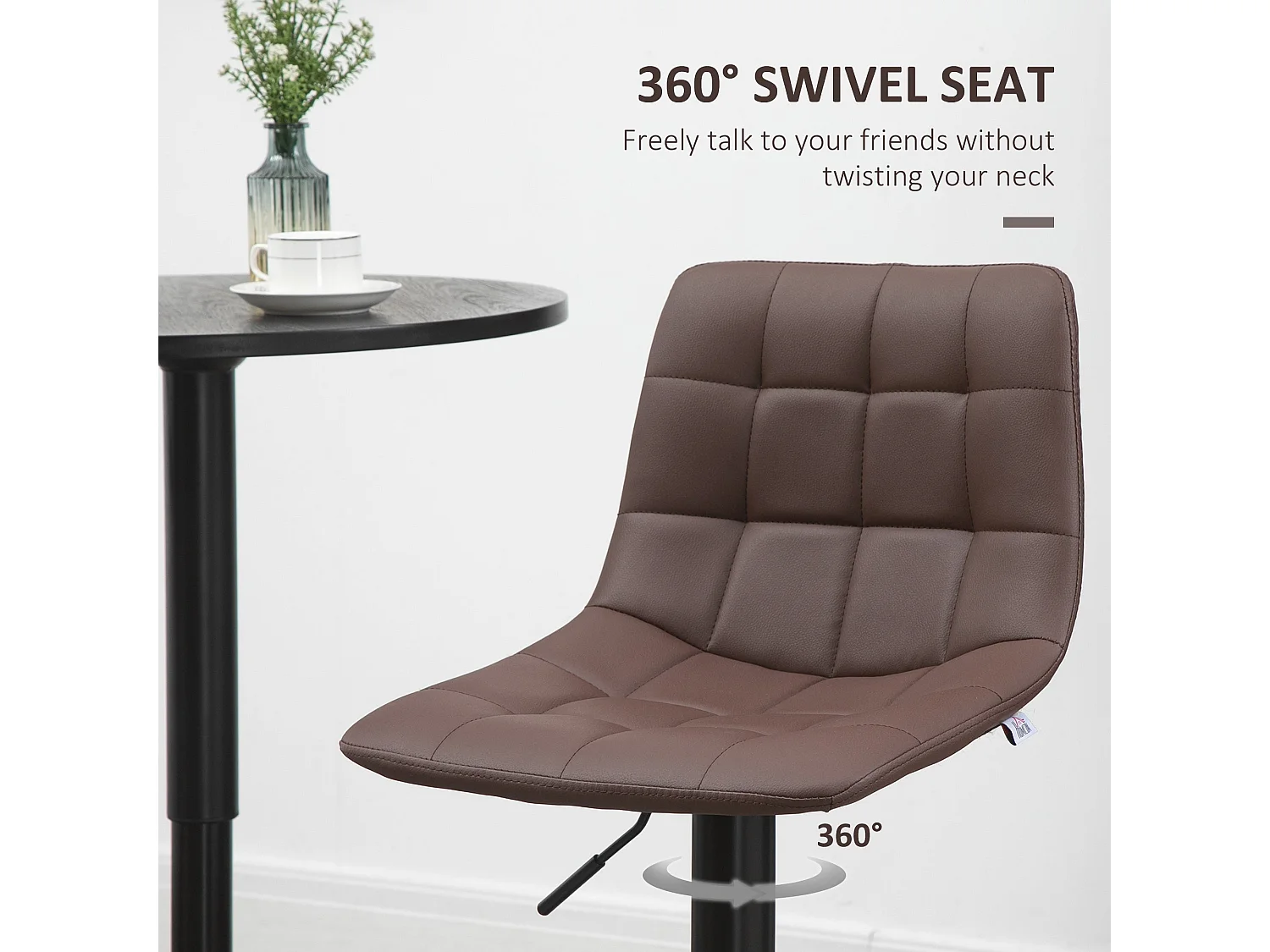 Ninora Set of 2 Brown Quilted Faux Leather Swivel Bar Stools with Back Support