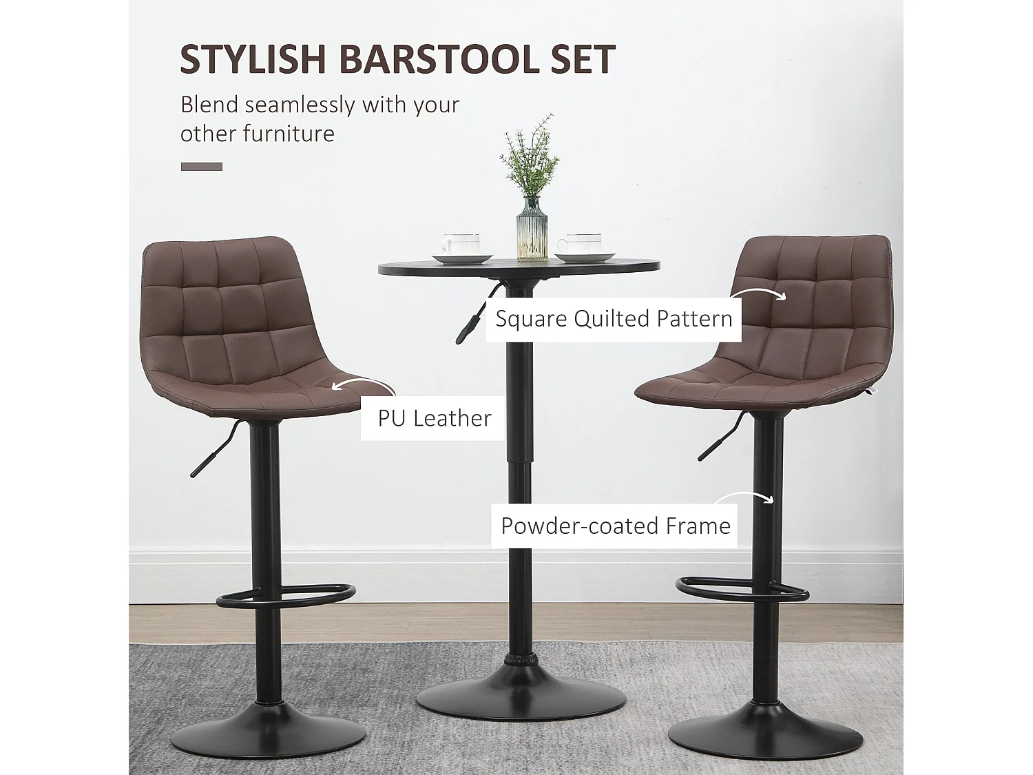 Ninora Set of 2 Brown Quilted Faux Leather Swivel Bar Stools with Back Support