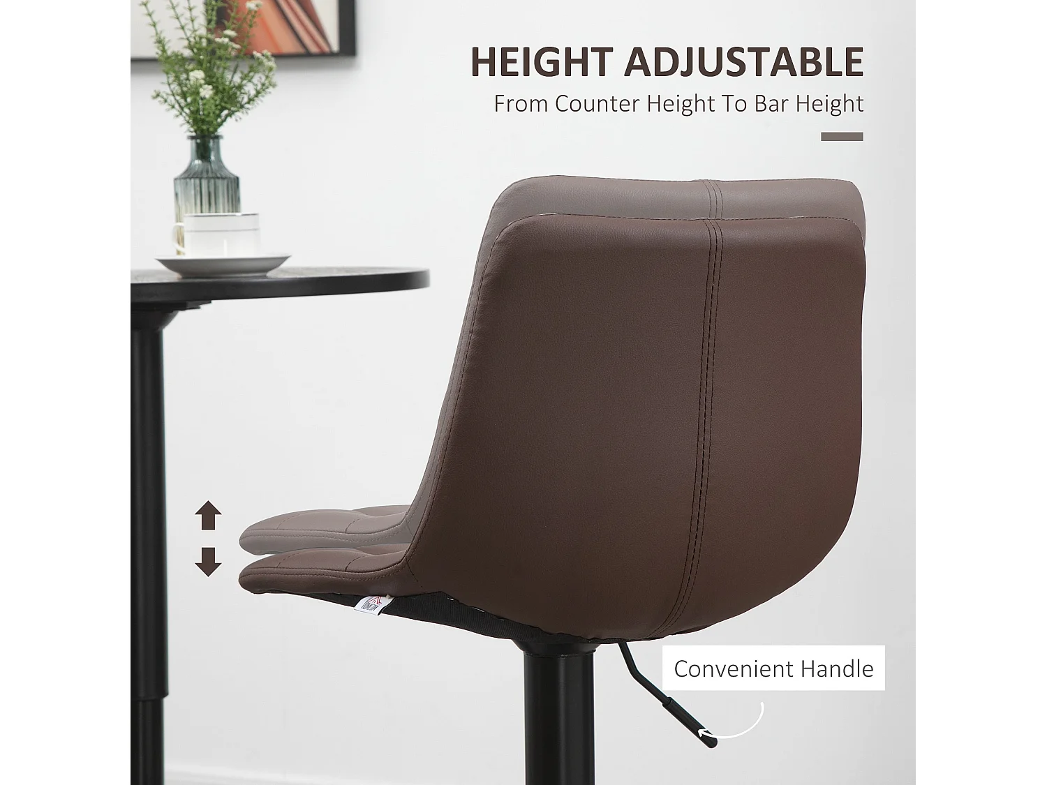 Ninora Set of 2 Brown Quilted Faux Leather Swivel Bar Stools with Back Support