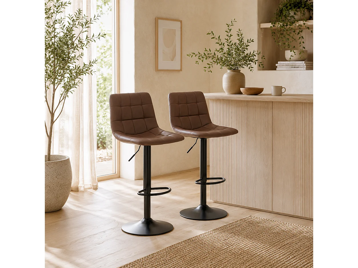 Ninora Set of 2 Brown Quilted Faux Leather Swivel Bar Stools with Back Support
