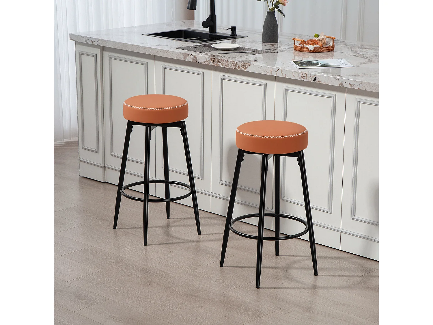 Mativa Faux Leather Bar Stools Set of 2 Brown and Black Swivel Footrest Adjustable Feet