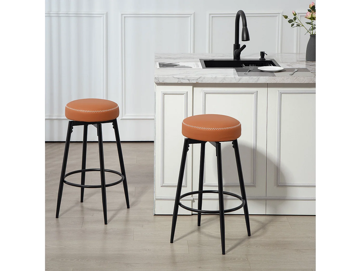 Mativa Faux Leather Bar Stools Set of 2 Brown and Black Swivel Footrest Adjustable Feet