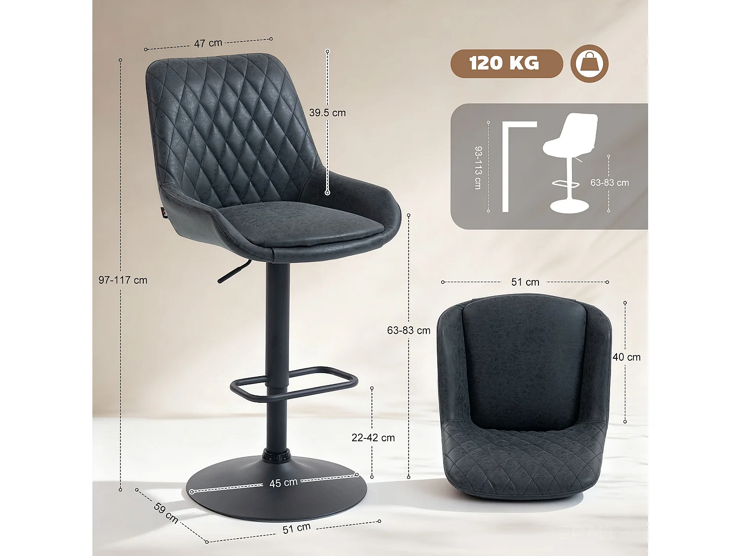 Reta Set of 2 Black Faux Leather Retro Bar Stools