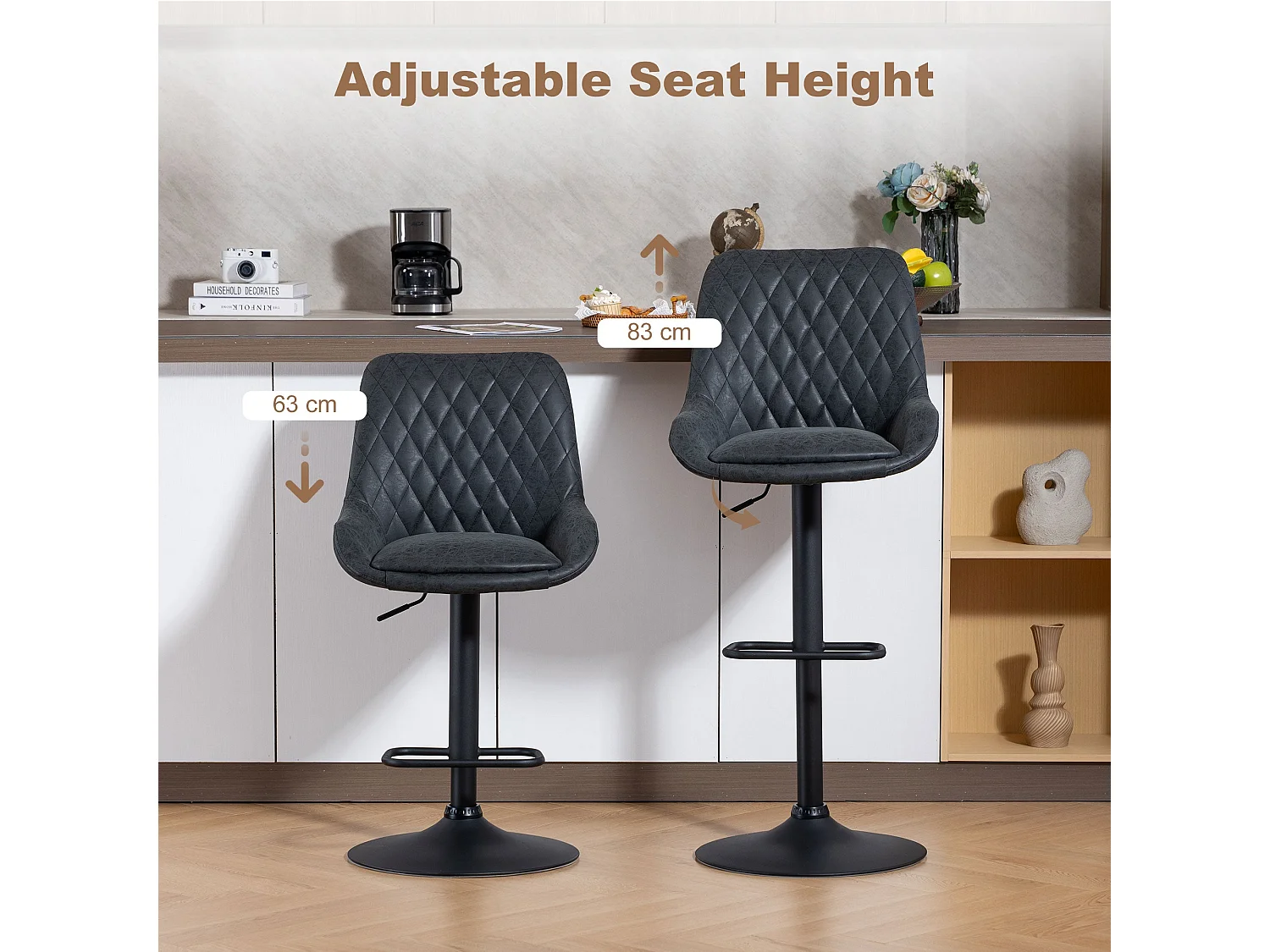 Reta Set of 2 Black Faux Leather Retro Bar Stools