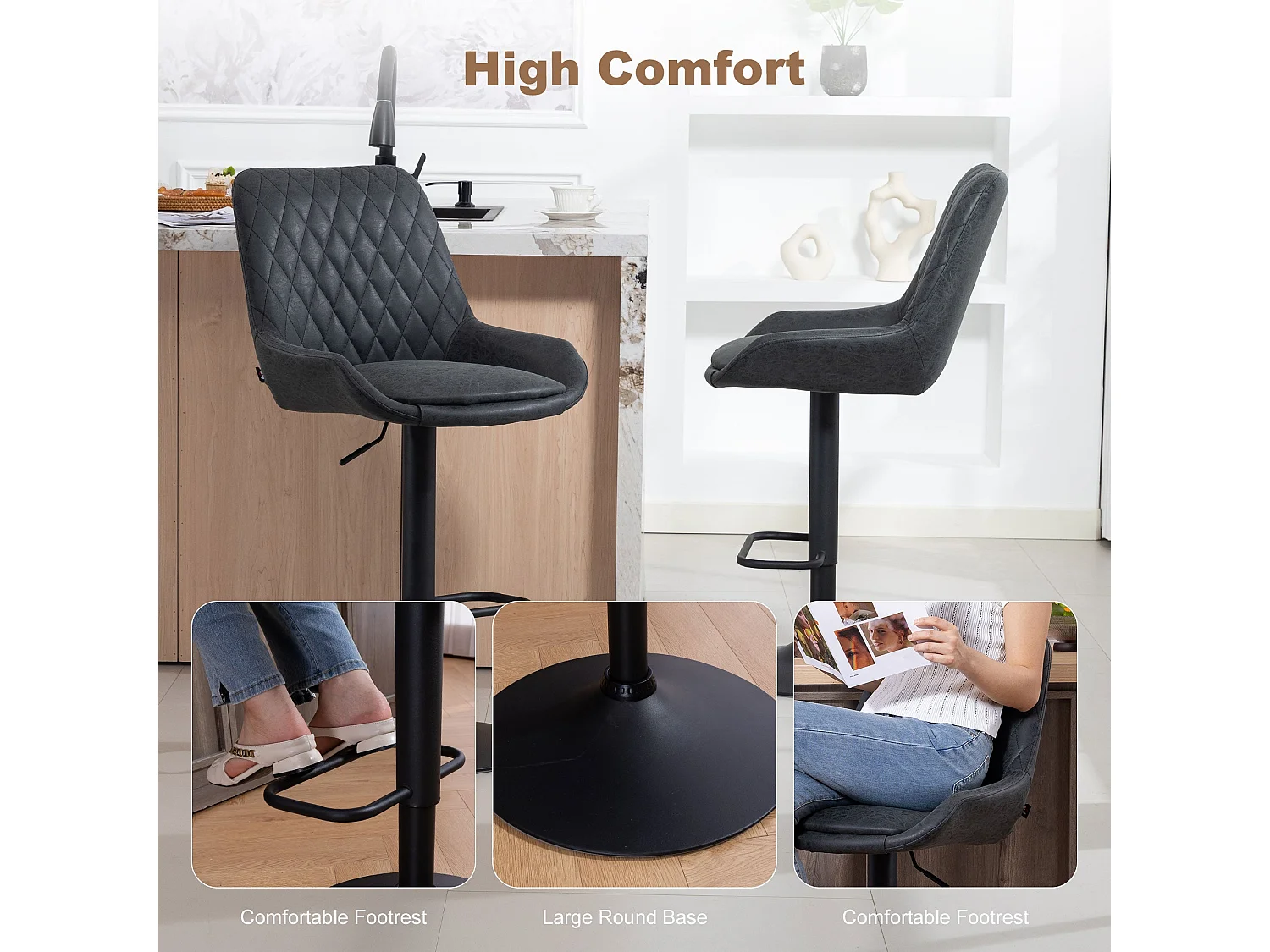 Reta Set of 2 Black Faux Leather Retro Bar Stools