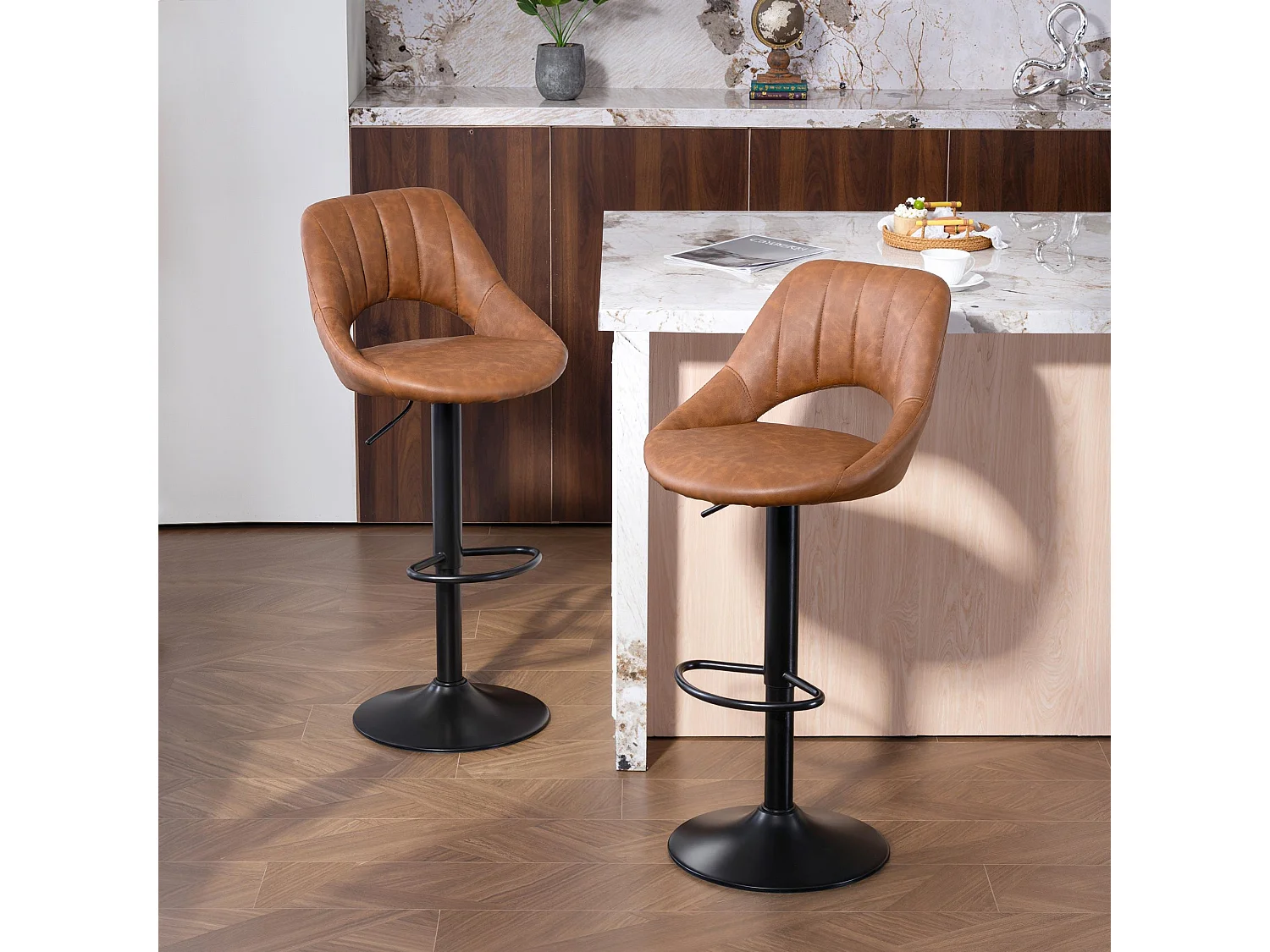 Palosa Set of 2 Brown Faux Leather Swivel Bar Stools with Backrest and Footrest