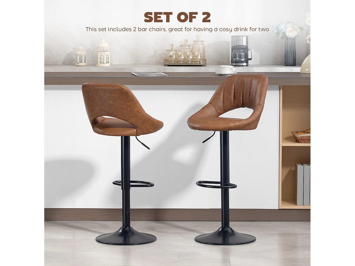 Palosa Set of 2 Brown Faux Leather Swivel Bar Stools with Backrest and Footrest