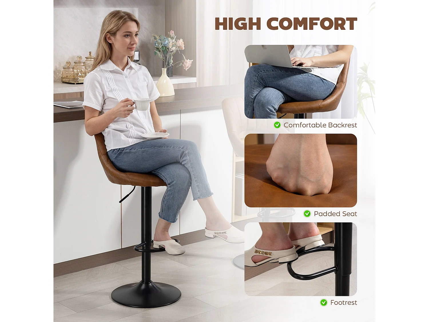 Palosa Set of 2 Brown Faux Leather Swivel Bar Stools with Backrest and Footrest