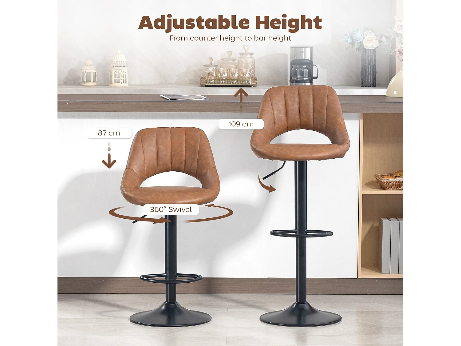 Palosa Set of 2 Brown Faux Leather Swivel Bar Stools with Backrest and Footrest