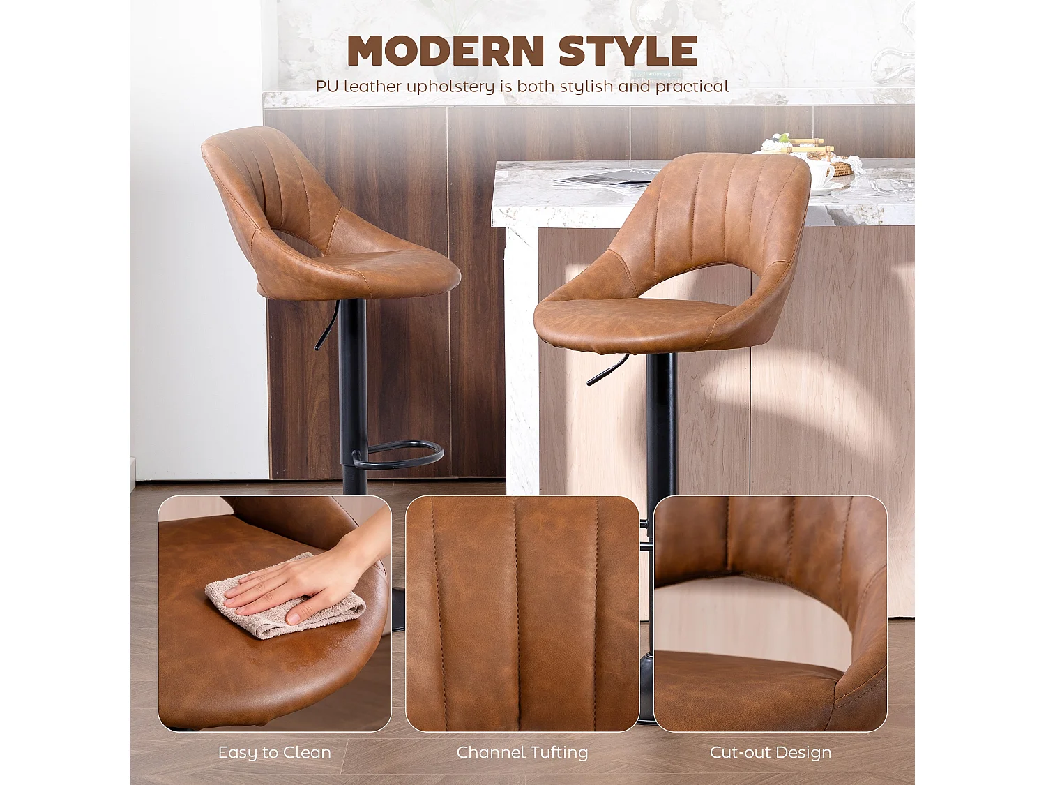 Palosa Set of 2 Brown Faux Leather Swivel Bar Stools with Backrest and Footrest