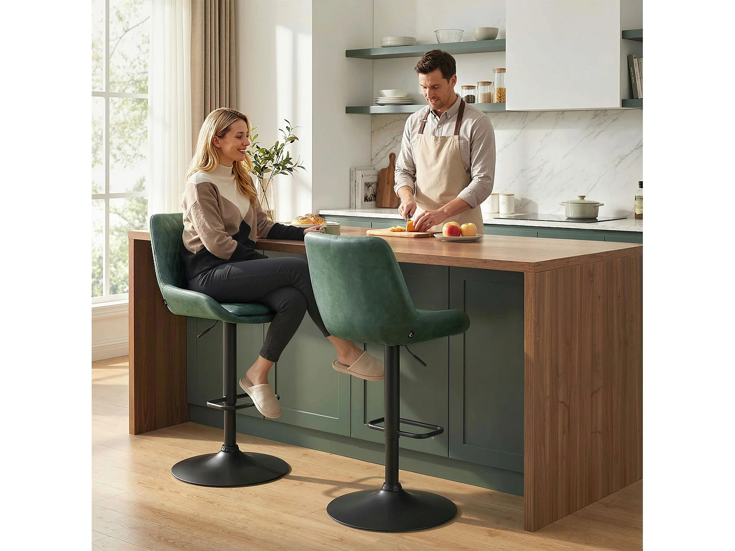 Milosu Green Adjustable Retro Bar Stools Set of 2 with Swivel Seats