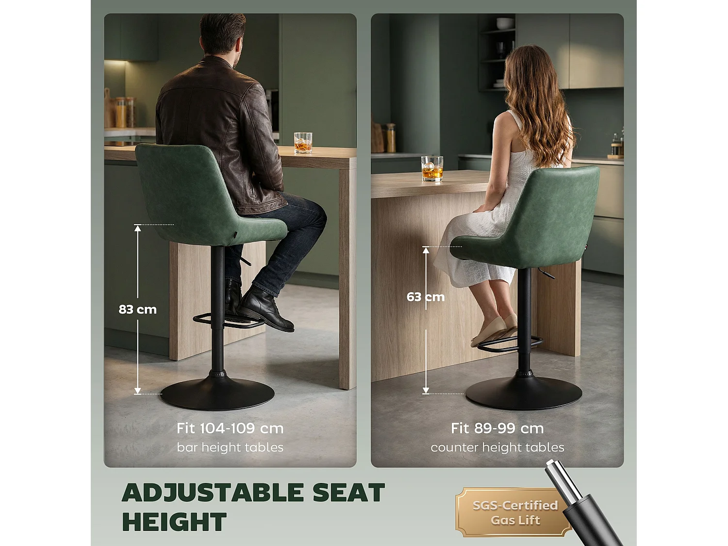 Milosu Green Adjustable Retro Bar Stools Set of 2 with Swivel Seats
