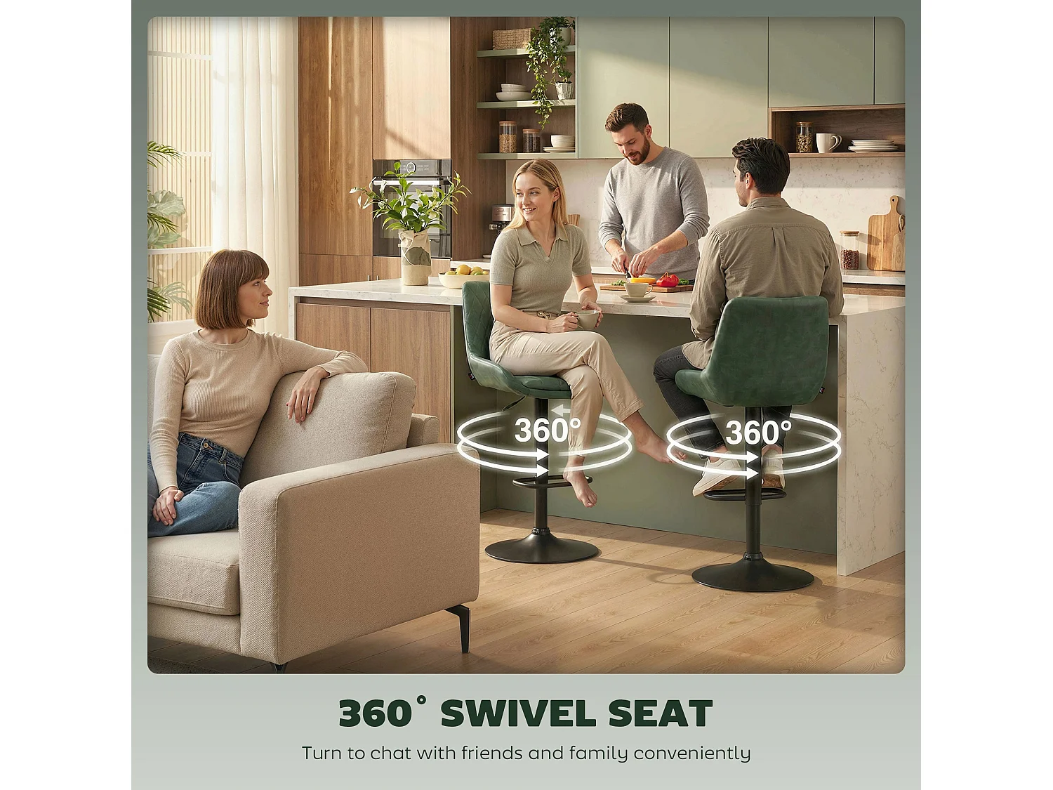 Milosu Green Adjustable Retro Bar Stools Set of 2 with Swivel Seats
