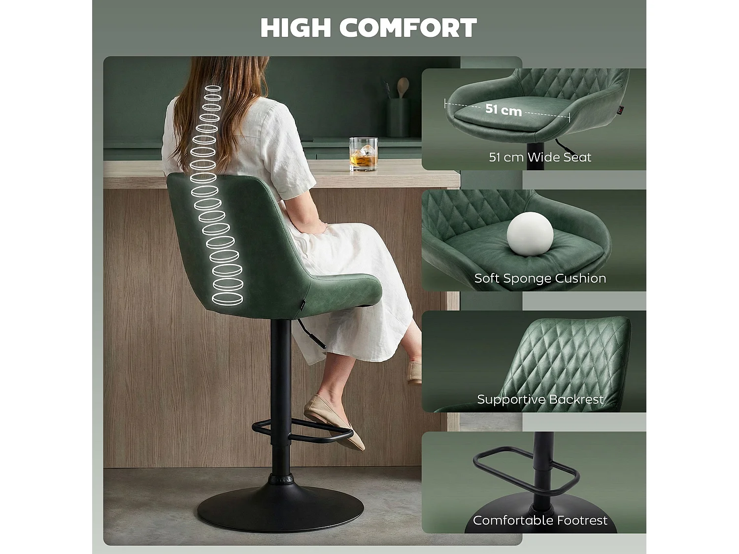 Milosu Green Adjustable Retro Bar Stools Set of 2 with Swivel Seats