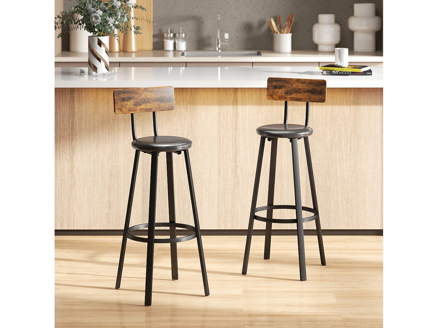 Namto Set of 2 Industrial Brown and Black Steel Frame Bar Stools