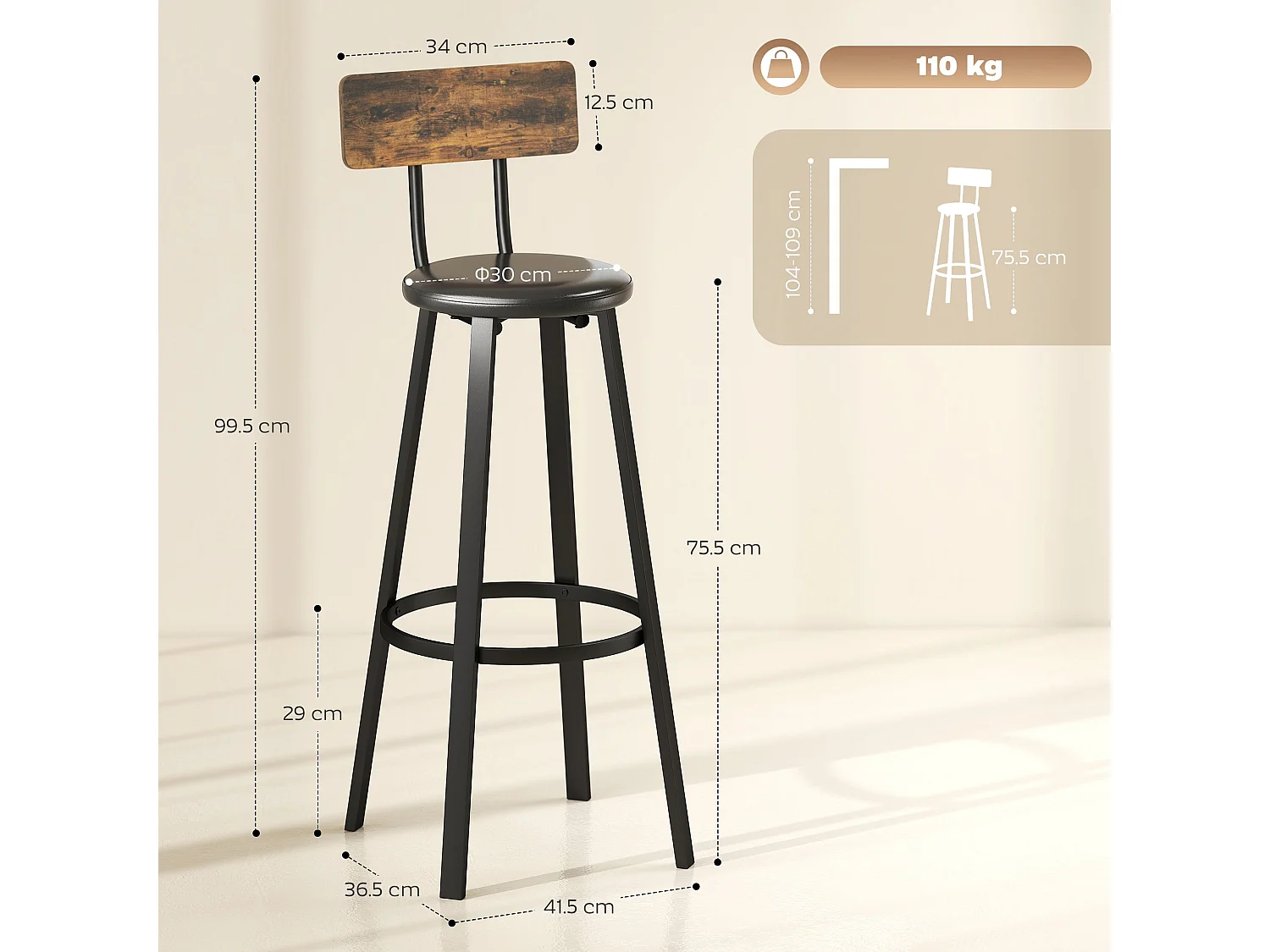 Namto Set of 2 Industrial Brown and Black Steel Frame Bar Stools