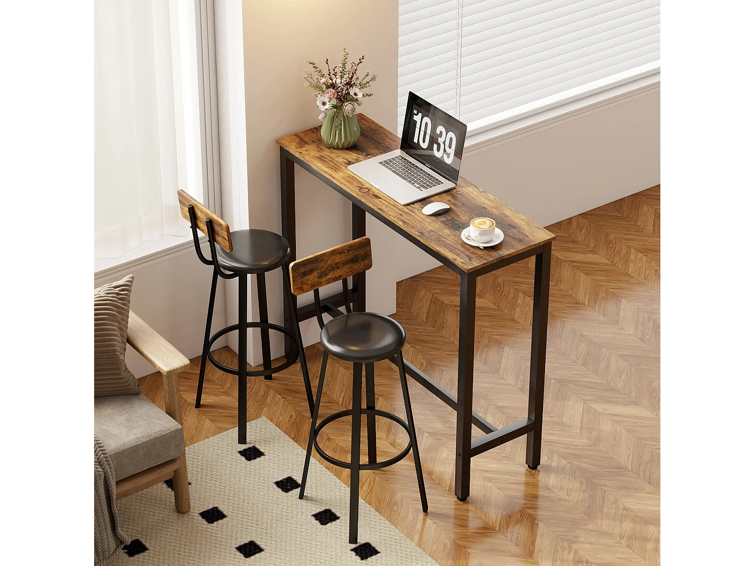 Namto Set of 2 Industrial Brown and Black Steel Frame Bar Stools