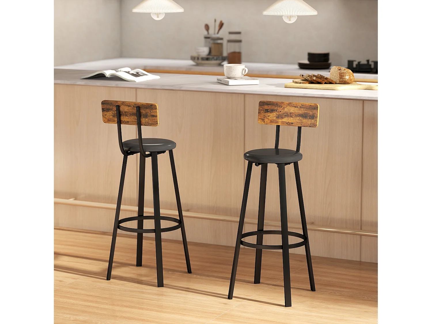 Namto Set of 2 Industrial Brown and Black Steel Frame Bar Stools