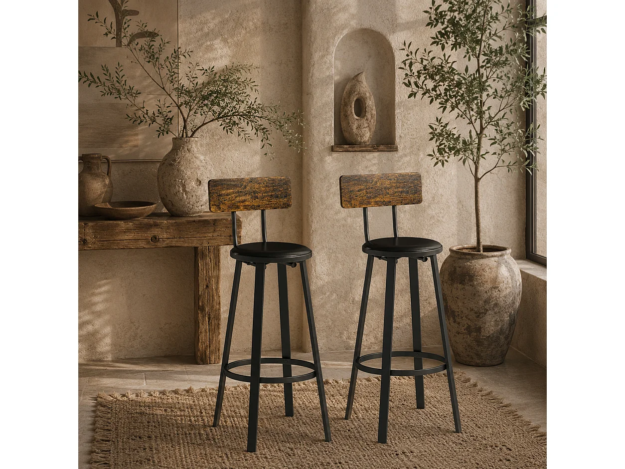 Namto Set of 2 Industrial Brown and Black Steel Frame Bar Stools