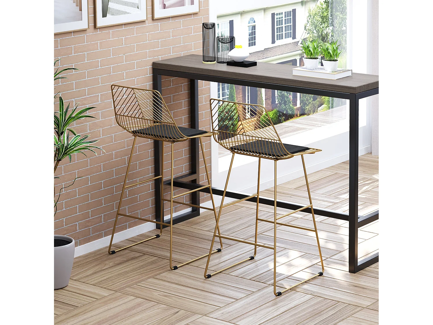 Sunira Set of 2 Gold Metal Counter Bar Stools with Wire Frame Design