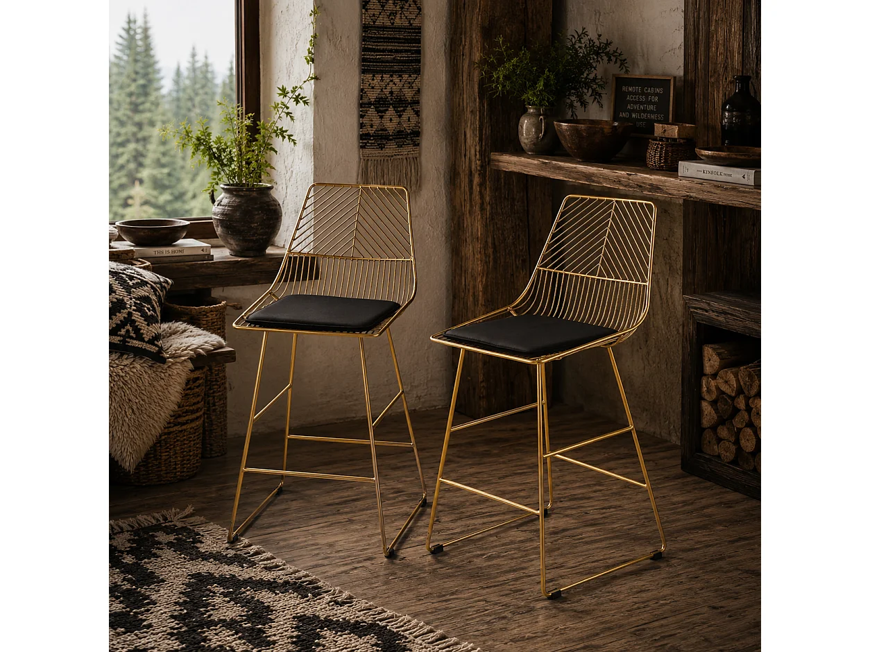 Sunira Set of 2 Gold Metal Counter Bar Stools with Wire Frame Design
