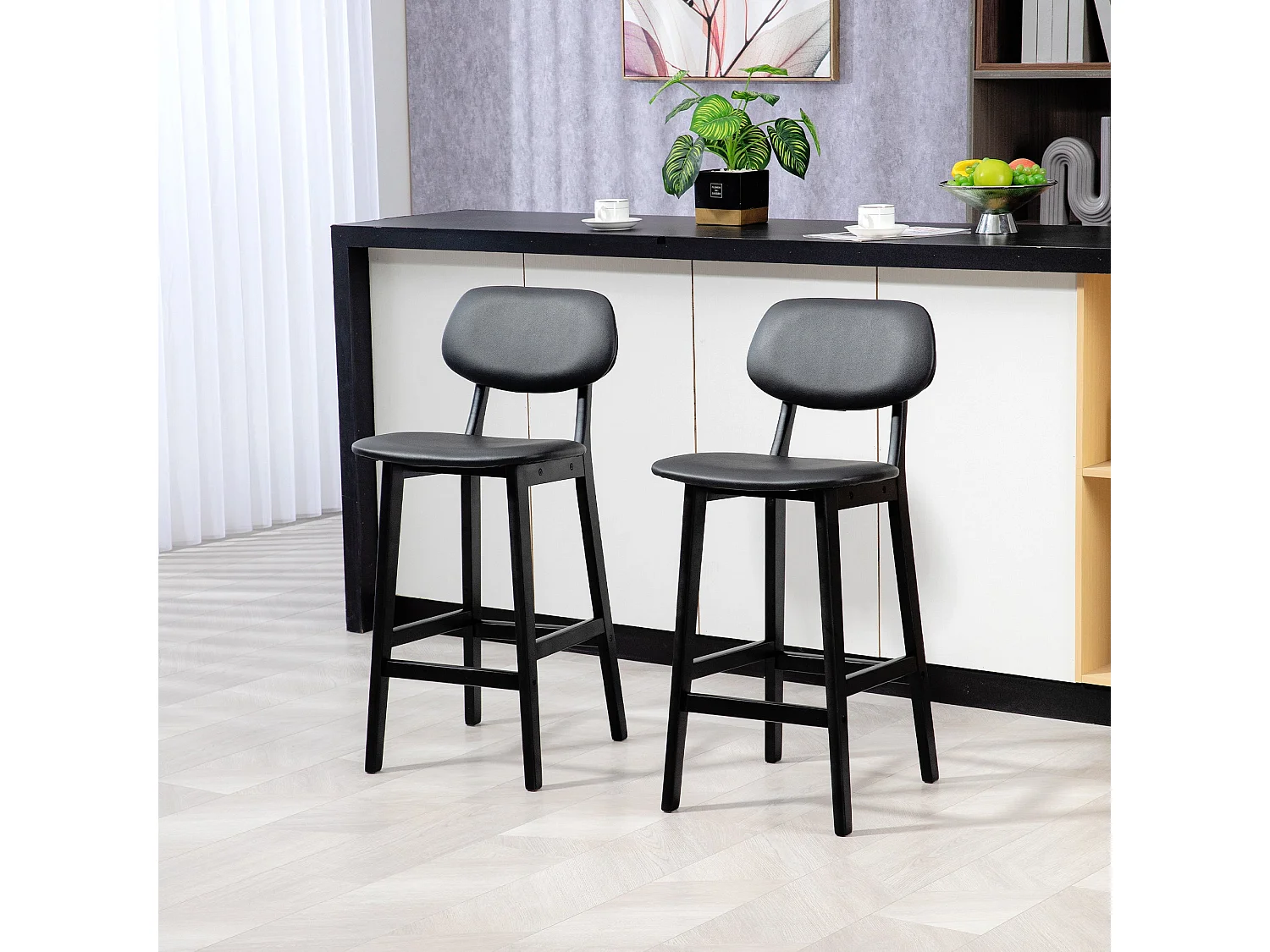 Resono Solid Wood Bar Stools Set of 2 Black Faux Leather Padded Seats