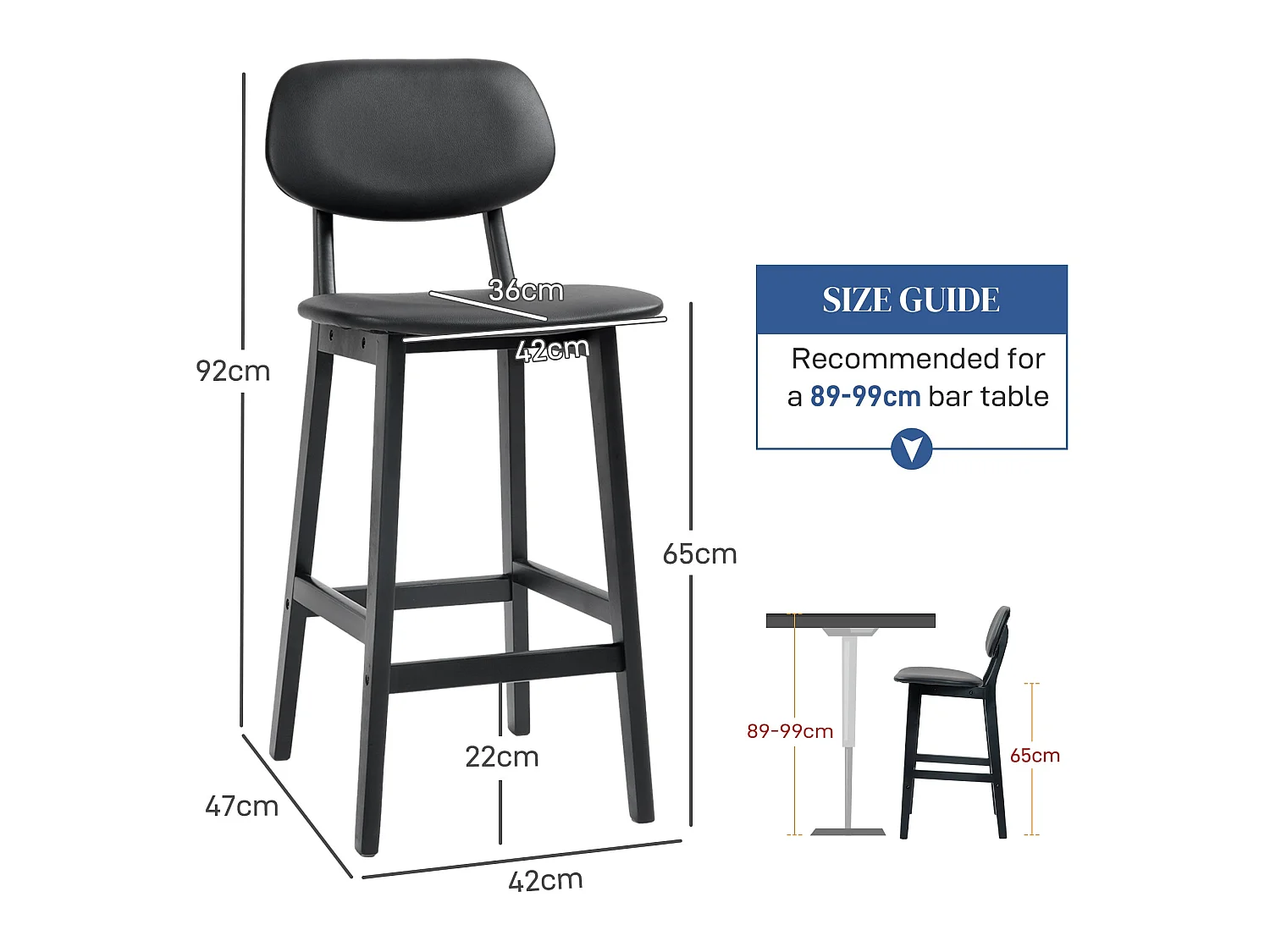 Resono Solid Wood Bar Stools Set of 2 Black Faux Leather Padded Seats