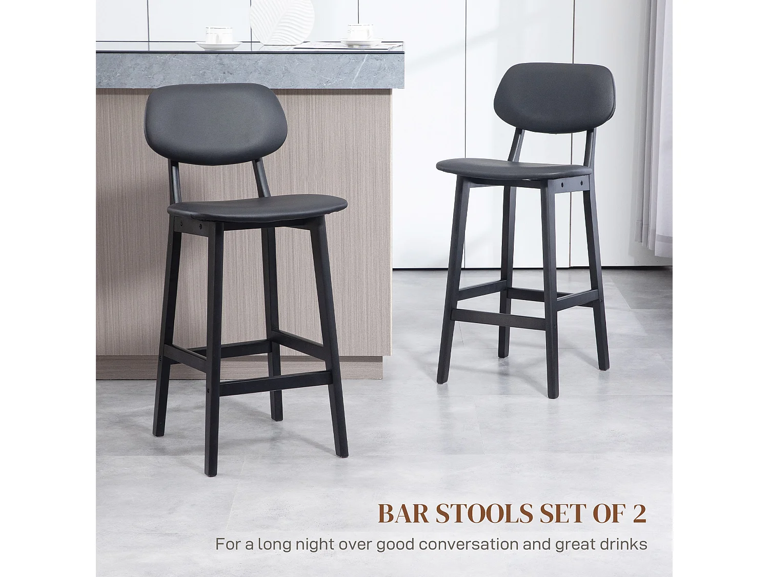 Resono Solid Wood Bar Stools Set of 2 Black Faux Leather Padded Seats