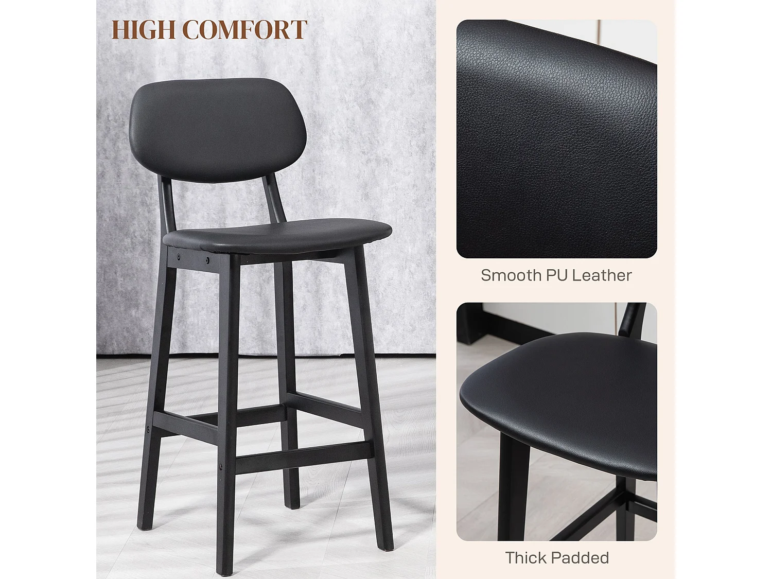 Resono Solid Wood Bar Stools Set of 2 Black Faux Leather Padded Seats