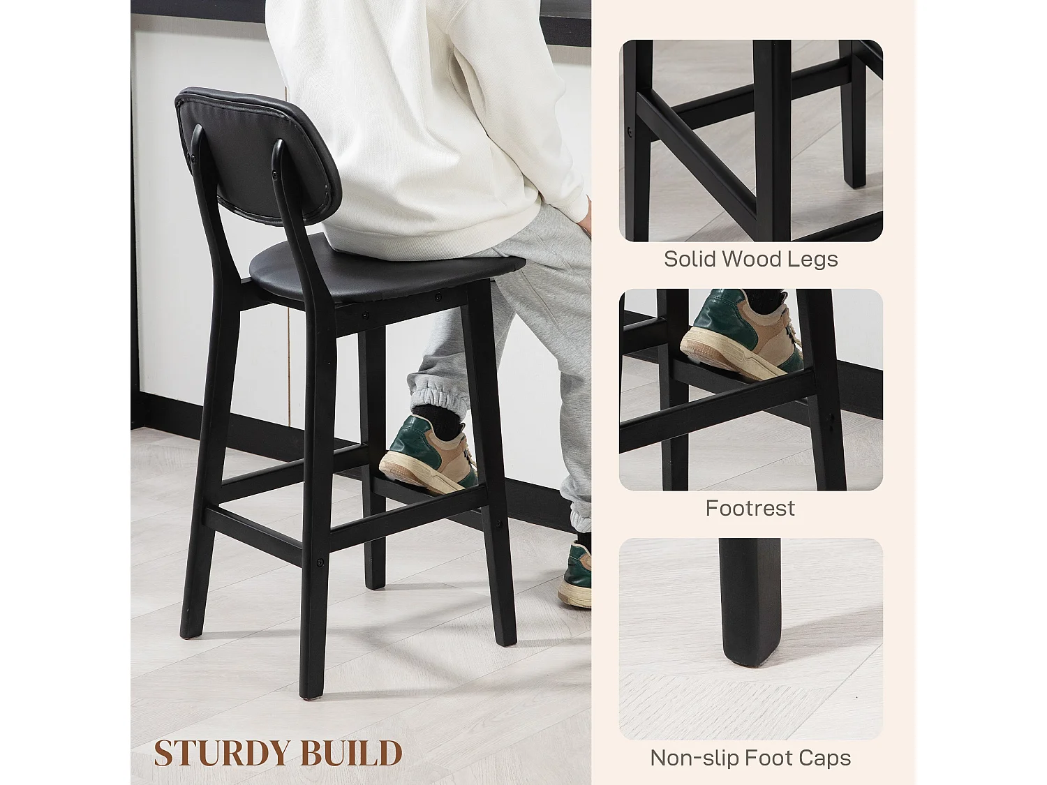 Resono Solid Wood Bar Stools Set of 2 Black Faux Leather Padded Seats