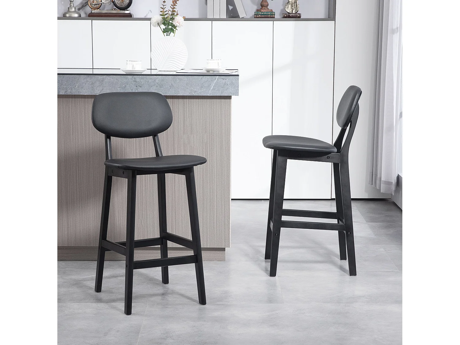 Resono Solid Wood Bar Stools Set of 2 Black Faux Leather Padded Seats