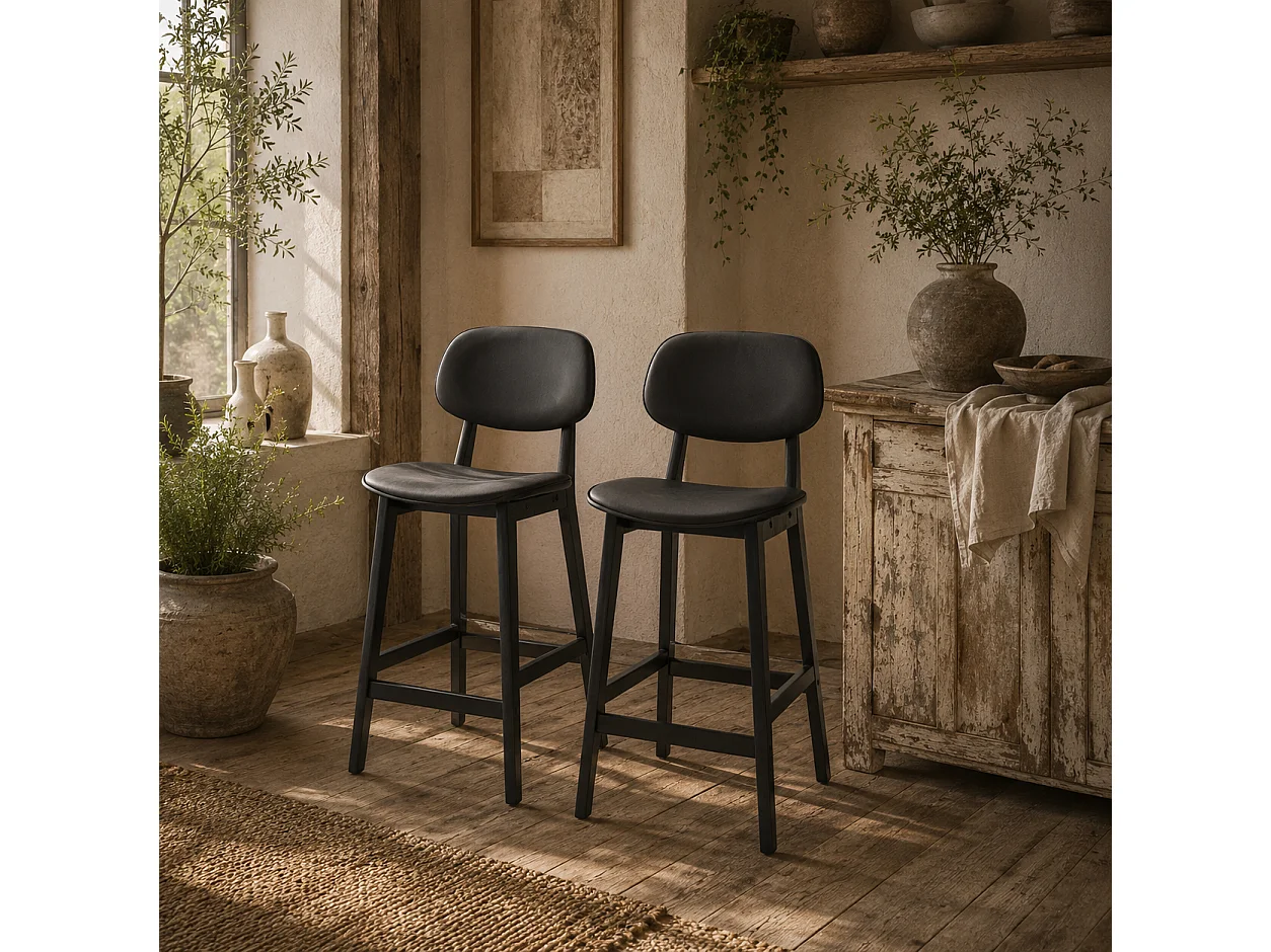 Resono Solid Wood Bar Stools Set of 2 Black Faux Leather Padded Seats
