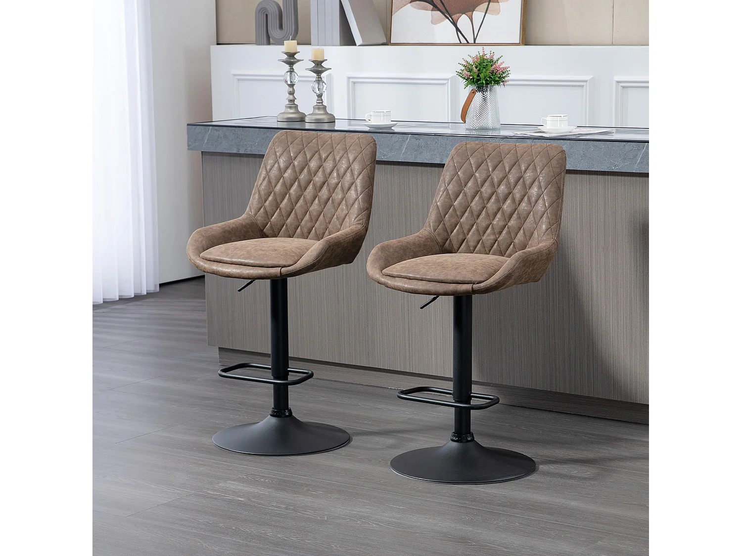 Lenozzo Faux Leather Brown Set of 2 Retro Bar Stools with Padded Seats