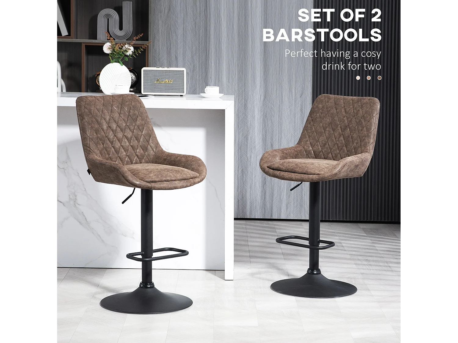 Lenozzo Faux Leather Brown Set of 2 Retro Bar Stools with Padded Seats