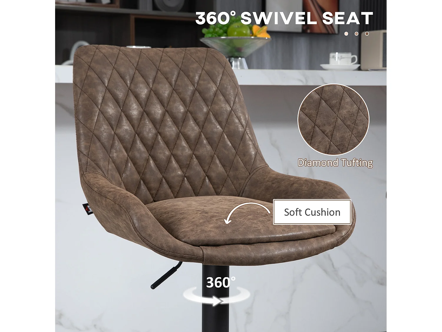 Lenozzo Faux Leather Brown Set of 2 Retro Bar Stools with Padded Seats